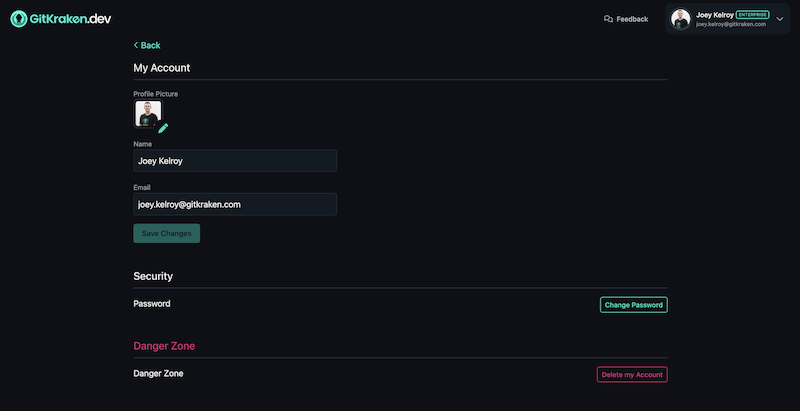 GitKraken account profile settings