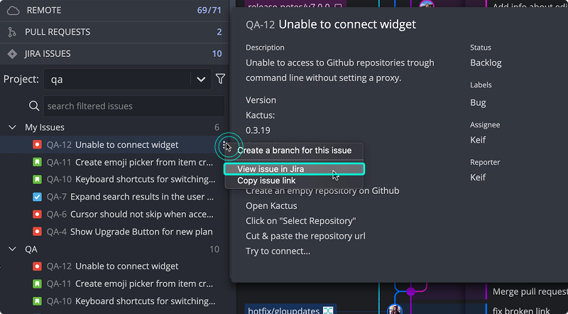 Options to copy or view Jira issue